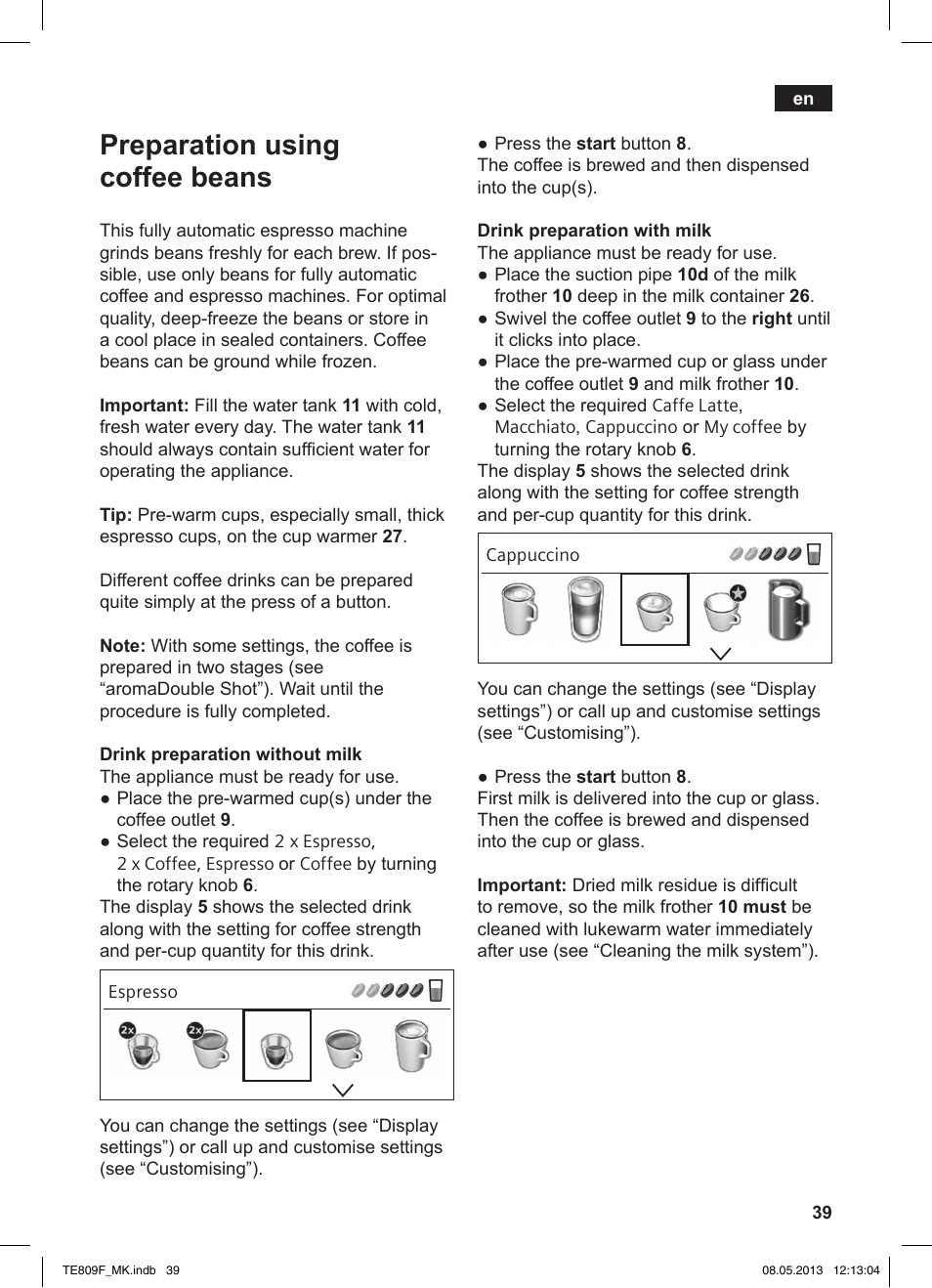 Preparation using coffee beans | Siemens TE809F01DE User Manual | Page 43 / 140