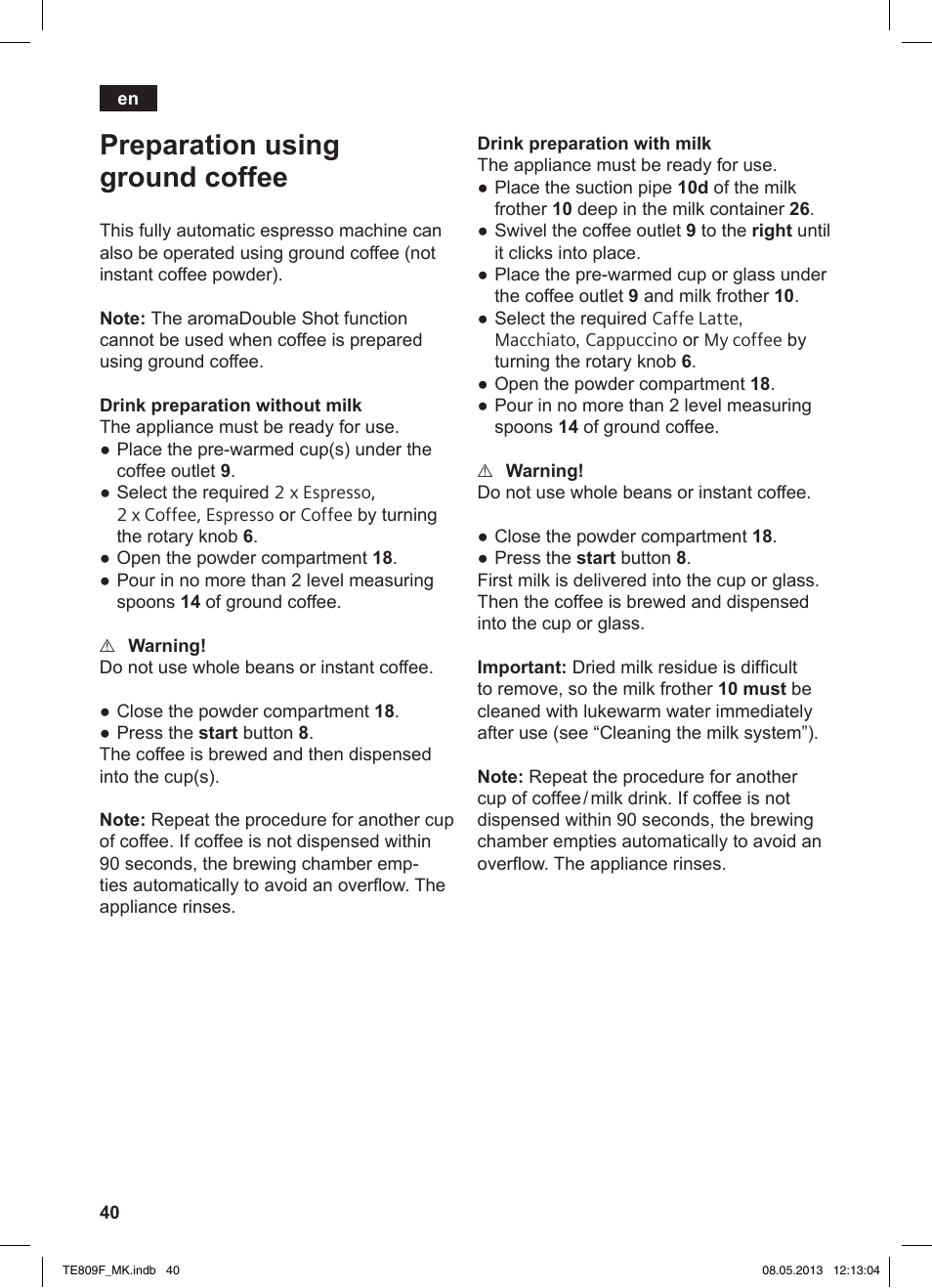 Preparation using ground coffee | Siemens TE809F01DE User Manual | Page 44 / 140