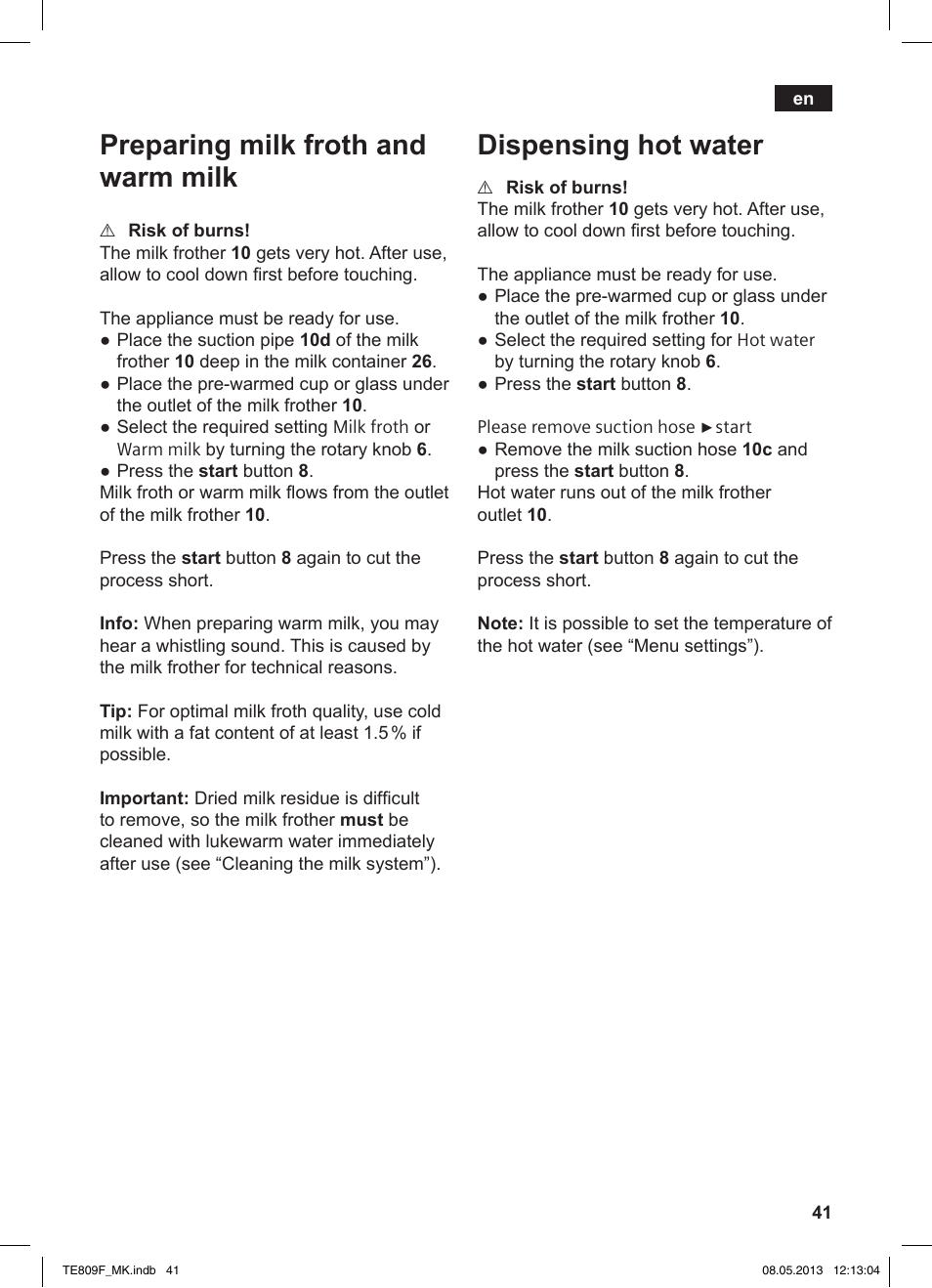 Preparing milk froth and warm milk, Dispensing hot water | Siemens TE809F01DE User Manual | Page 45 / 140