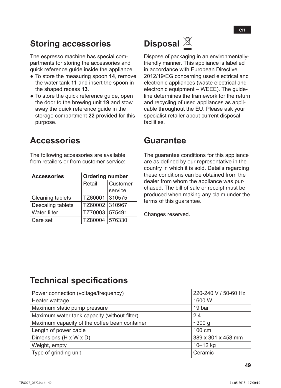 Storing accessories, Accessories, Disposal | Guarantee, Technical specifications | Siemens TE809F01DE User Manual | Page 53 / 140