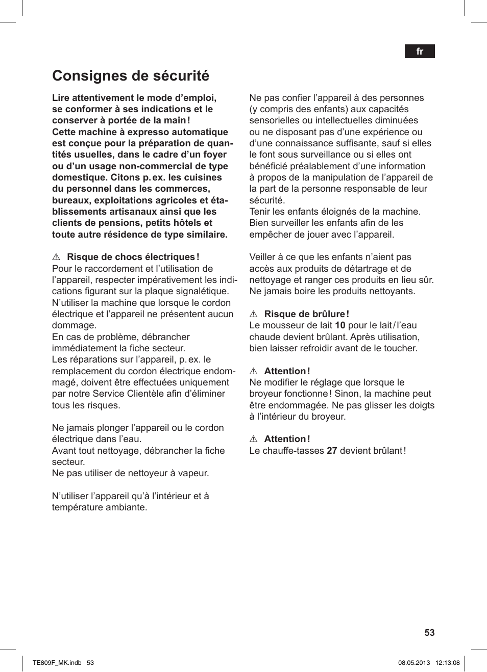 Consignes de sécurité | Siemens TE809F01DE User Manual | Page 57 / 140