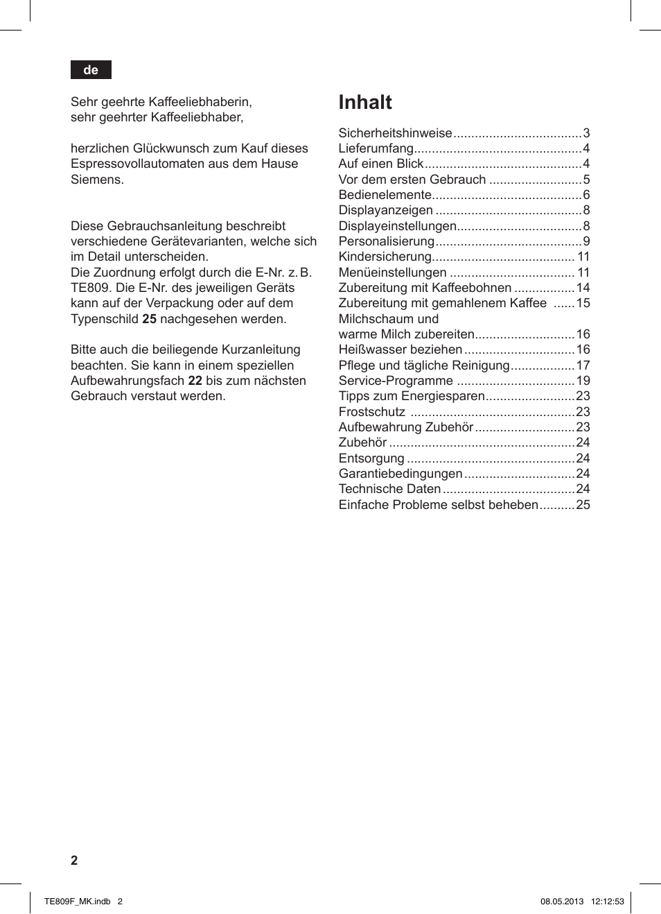 Inhalt | Siemens TE809F01DE User Manual | Page 6 / 140