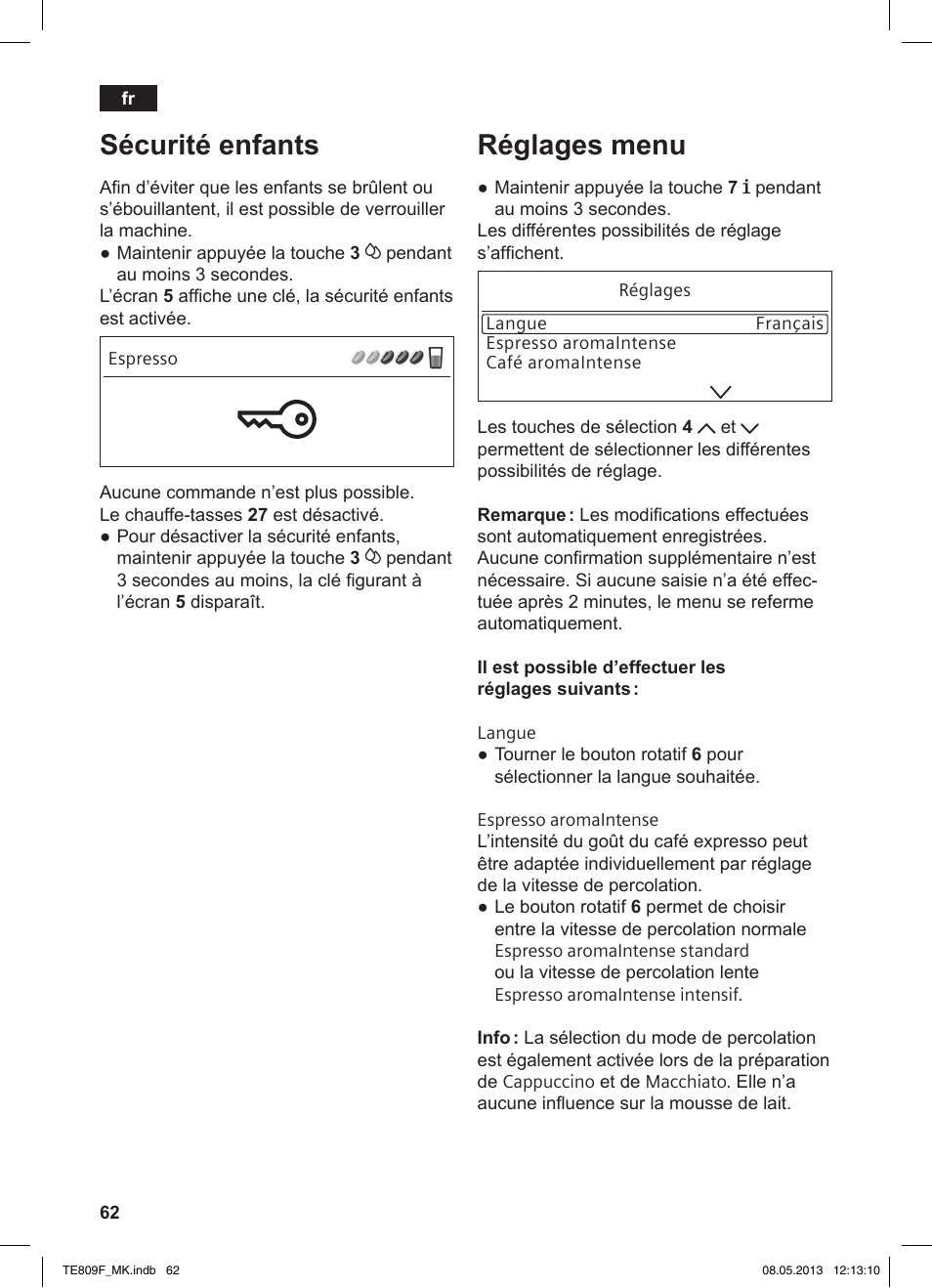 Sécurité enfants, Réglages menu | Siemens TE809F01DE User Manual | Page 66 / 140