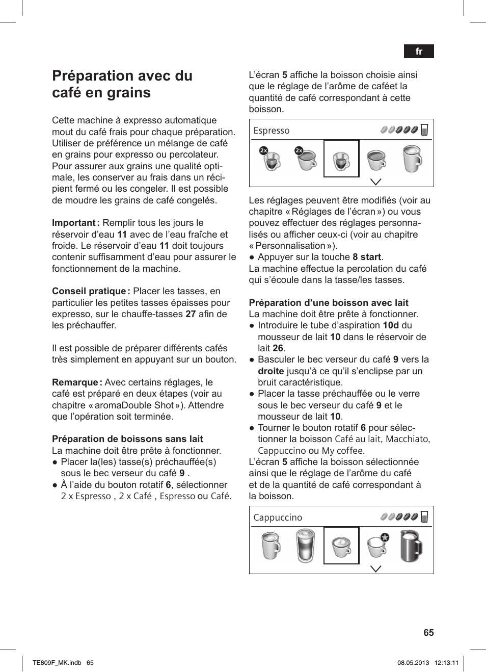 Préparation avec du café en grains | Siemens TE809F01DE User Manual | Page 69 / 140