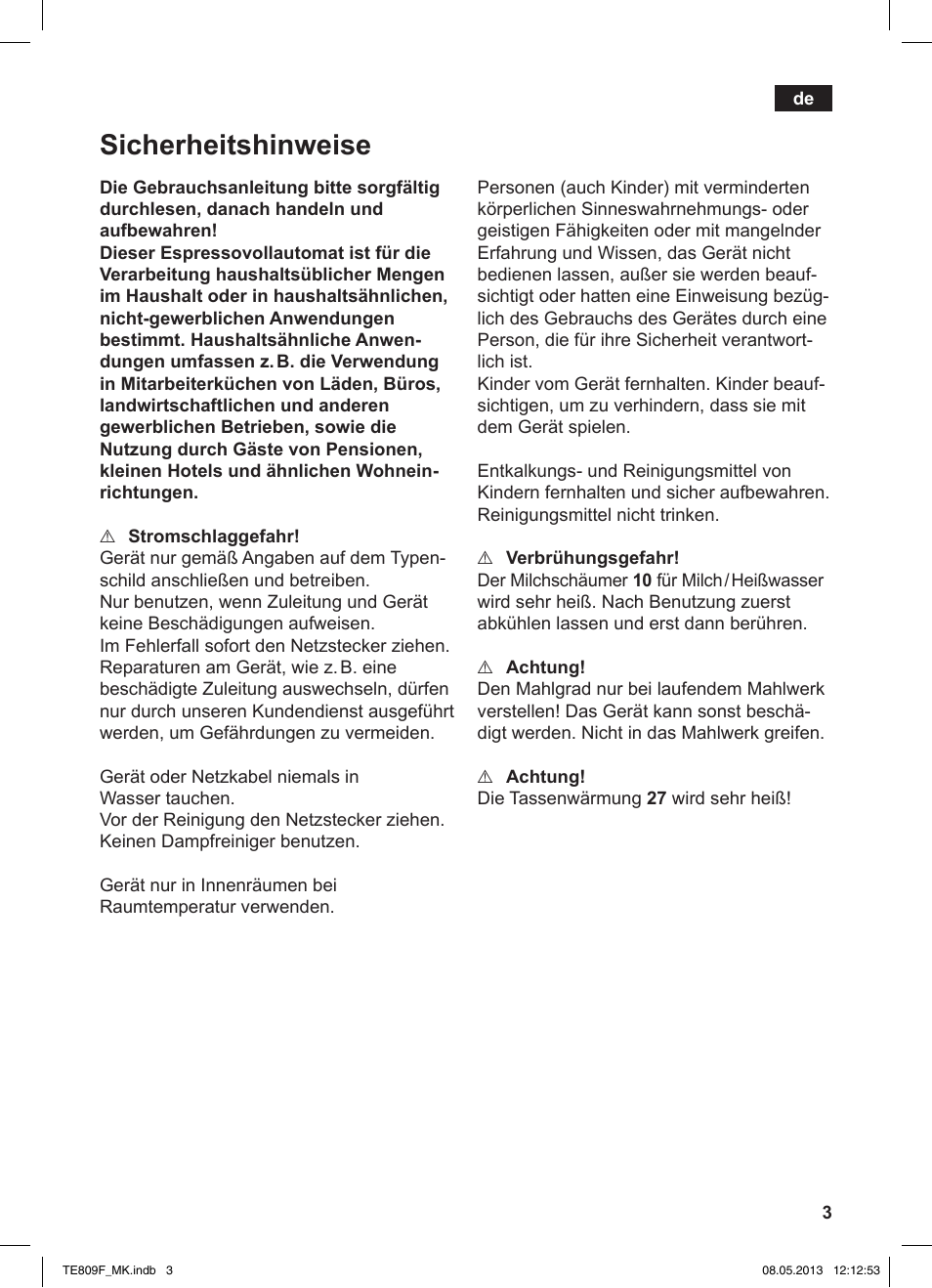 Sicherheitshinweise | Siemens TE809F01DE User Manual | Page 7 / 140