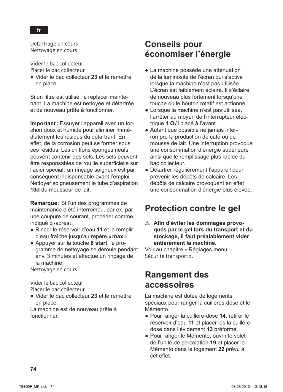 Conseils pour économiser l’énergie, Protection contre le gel, Rangement des accessoires | Siemens TE809F01DE User Manual | Page 78 / 140