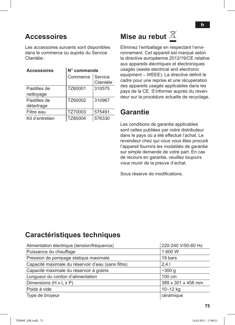 Accessoires, Mise au rebut, Garantie | Caractéristiques techniques | Siemens TE809F01DE User Manual | Page 79 / 140