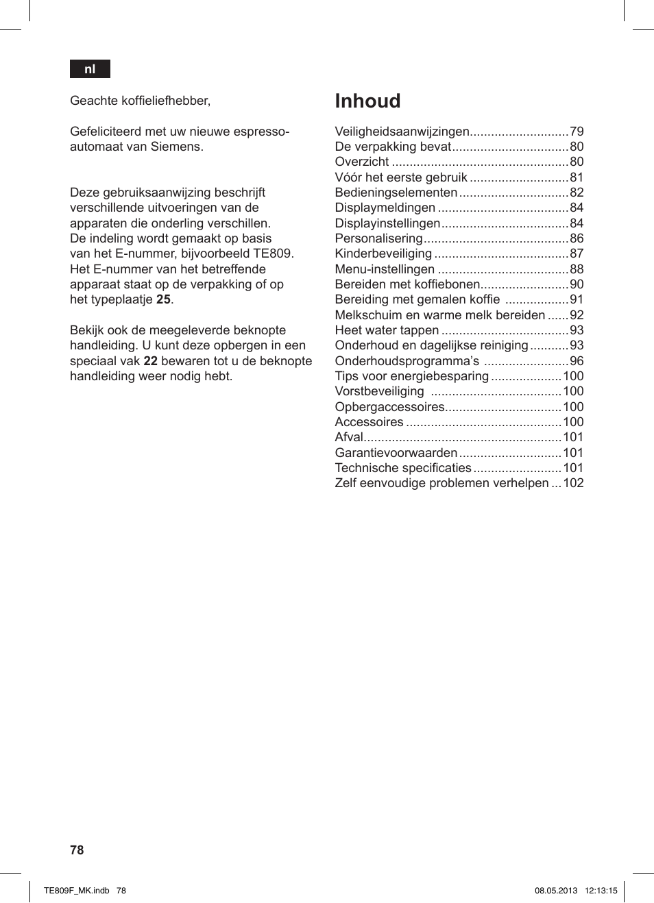 Inhoud | Siemens TE809F01DE User Manual | Page 82 / 140