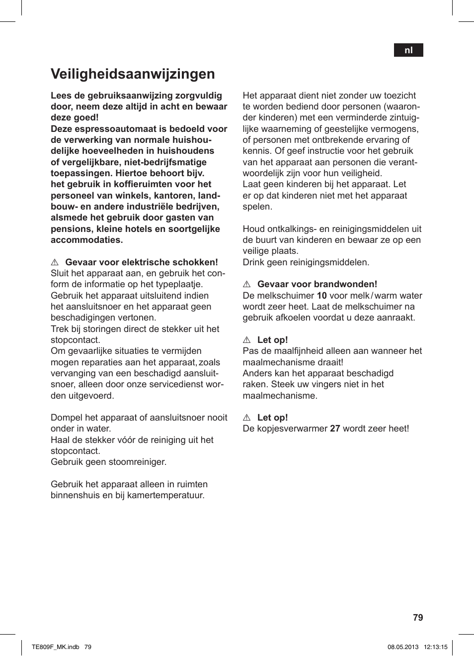 Veiligheidsaanwijzingen | Siemens TE809F01DE User Manual | Page 83 / 140