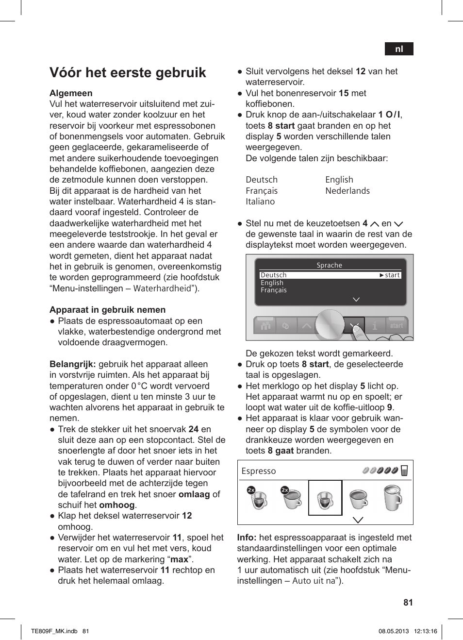 Vóór het eerste gebruik | Siemens TE809F01DE User Manual | Page 85 / 140