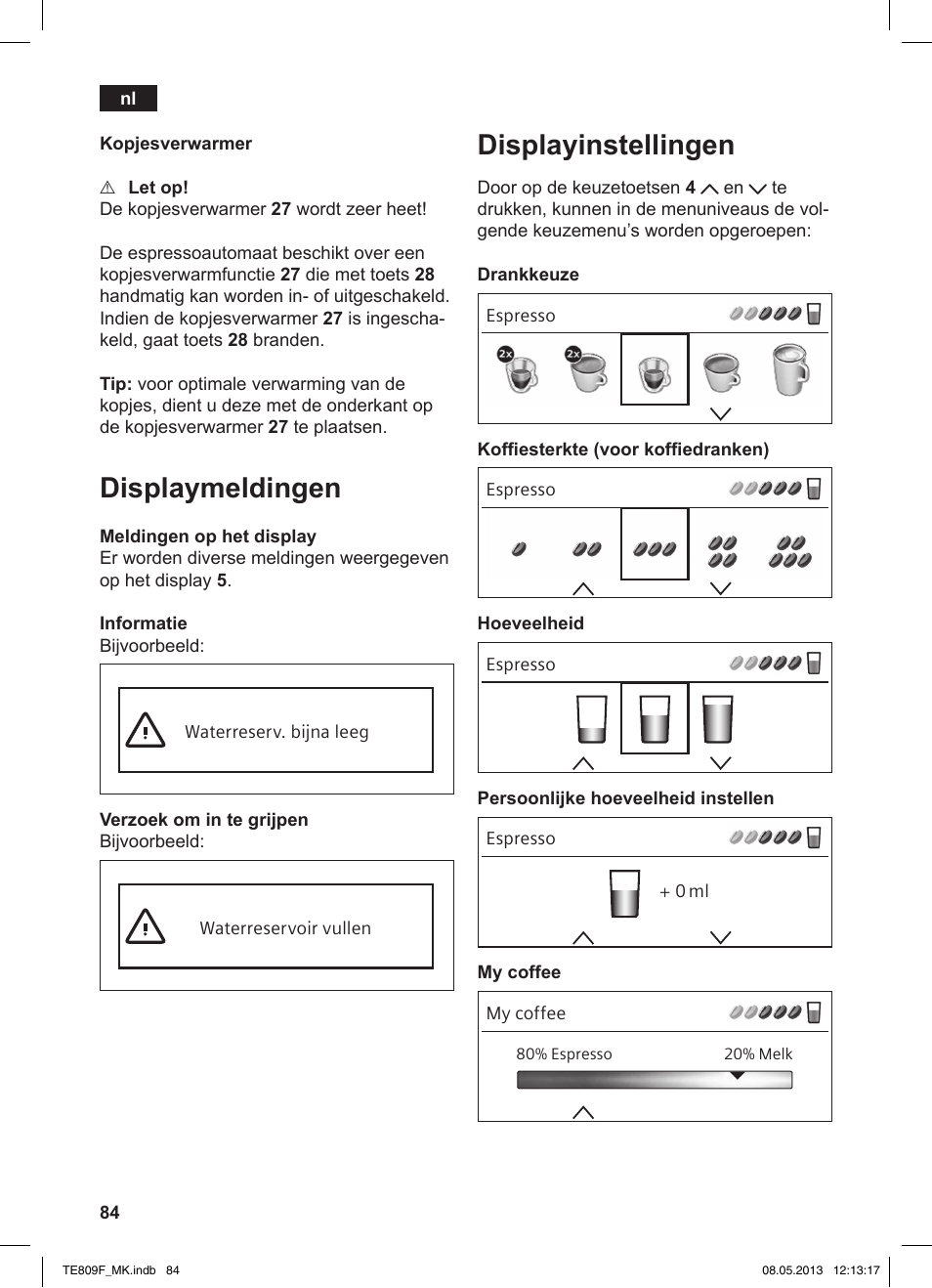 Displaymeldingen, Displayinstellingen | Siemens TE809F01DE User Manual | Page 88 / 140