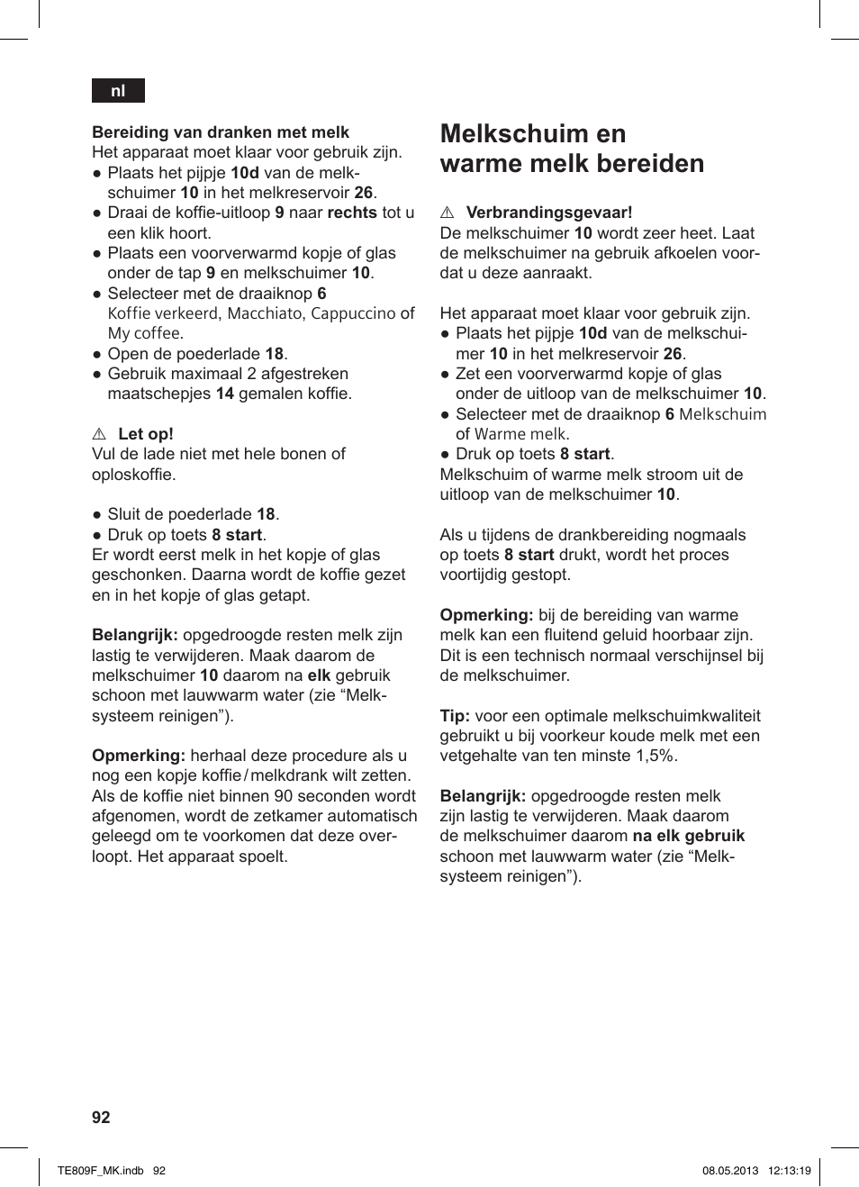 Melkschuim en warme melk bereiden | Siemens TE809F01DE User Manual | Page 96 / 140