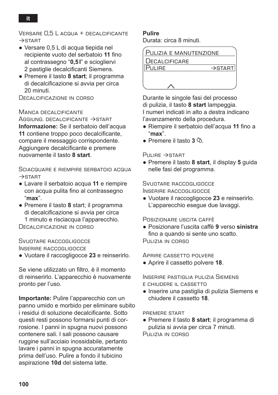 Pulizia e manutenzione decalcificare pulire, Start | Siemens TE712501DE User Manual | Page 104 / 116