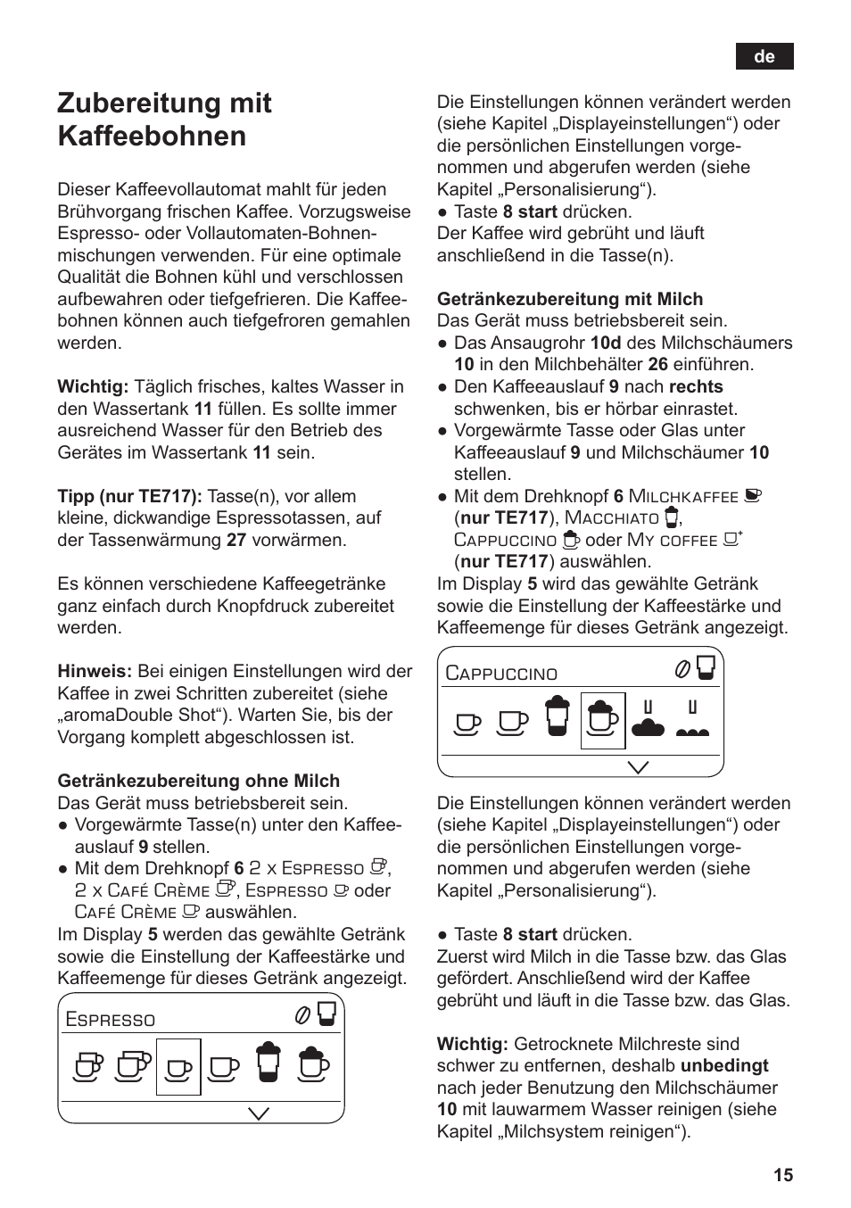 Zubereitung mit kaffeebohnen | Siemens TE712501DE User Manual | Page 19 / 116