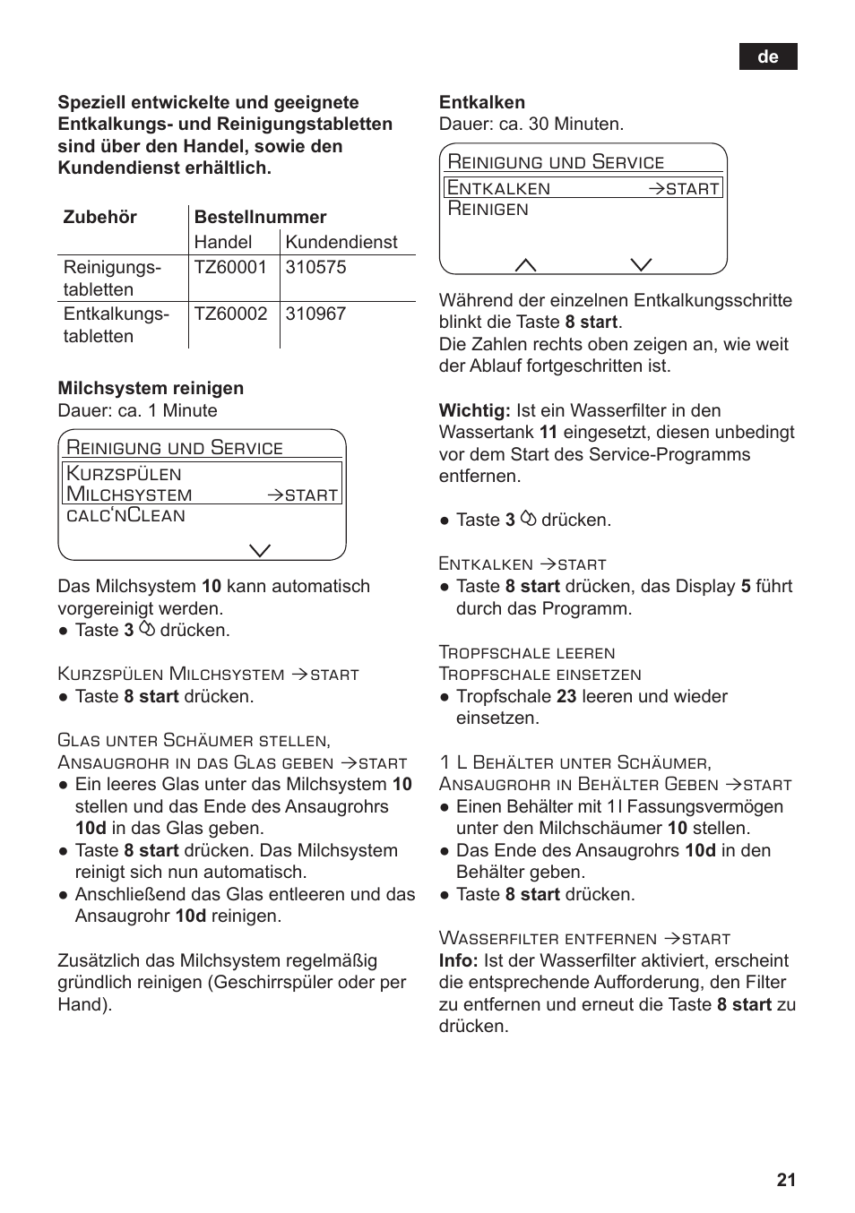 Reinigung und service kurzspülen milchsystem, Start calc‘nclean, Reinigung und service entkalken | Start reinigen | Siemens TE712501DE User Manual | Page 25 / 116