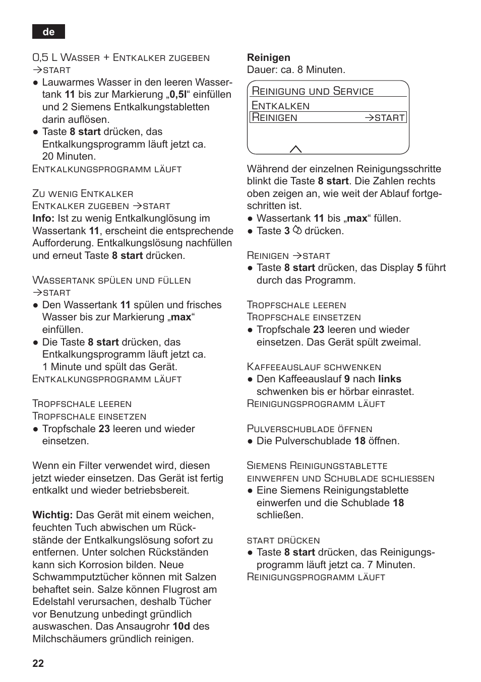 Reinigung und service entkalken reinigen, Start | Siemens TE712501DE User Manual | Page 26 / 116