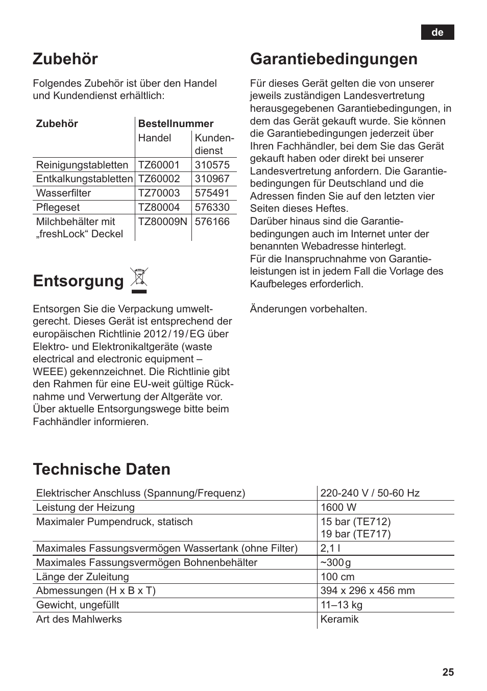 Zubehör, Entsorgung, Garantiebedingungen | Technische daten | Siemens TE712501DE User Manual | Page 29 / 116