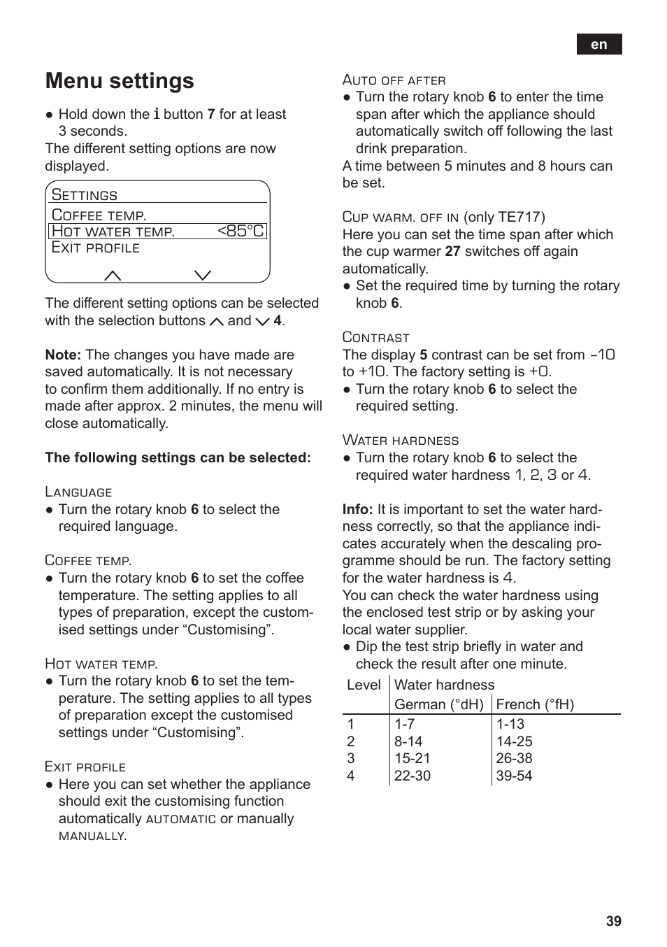 Menu settings | Siemens TE712501DE User Manual | Page 43 / 116