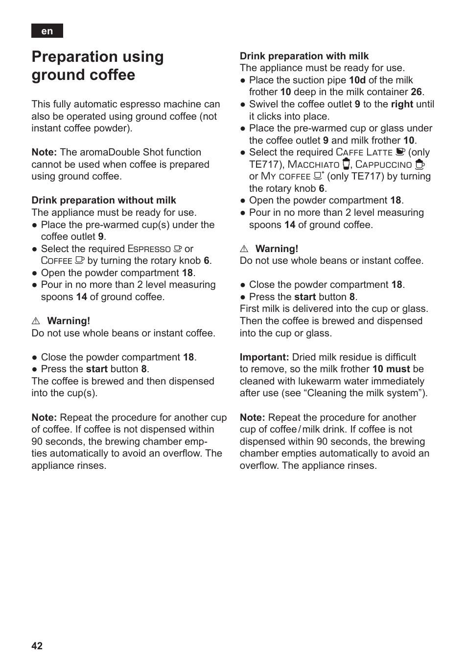 Preparation using ground coffee | Siemens TE712501DE User Manual | Page 46 / 116