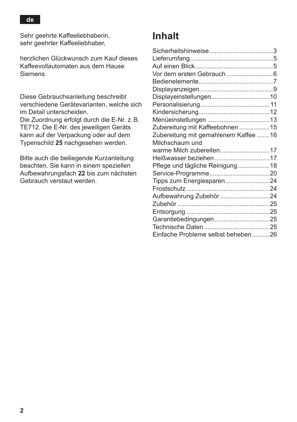 Inhalt | Siemens TE712501DE User Manual | Page 6 / 116