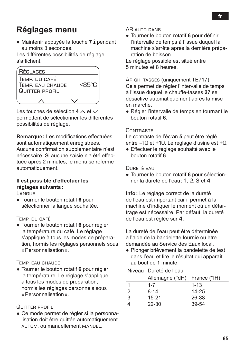 Réglages menu | Siemens TE712501DE User Manual | Page 69 / 116