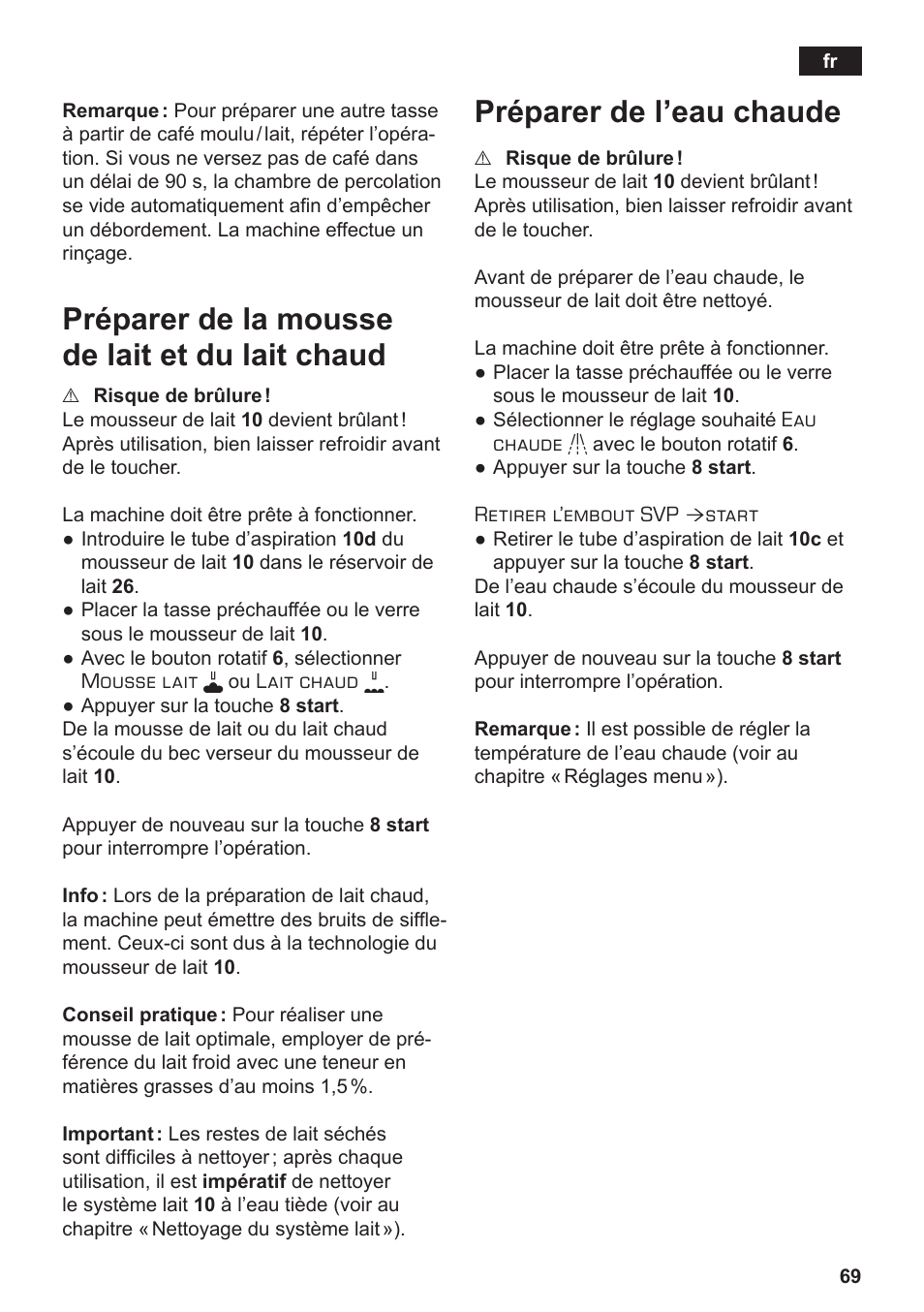 Préparer de la mousse de lait et du lait chaud, Préparer de l’eau chaude | Siemens TE712501DE User Manual | Page 73 / 116
