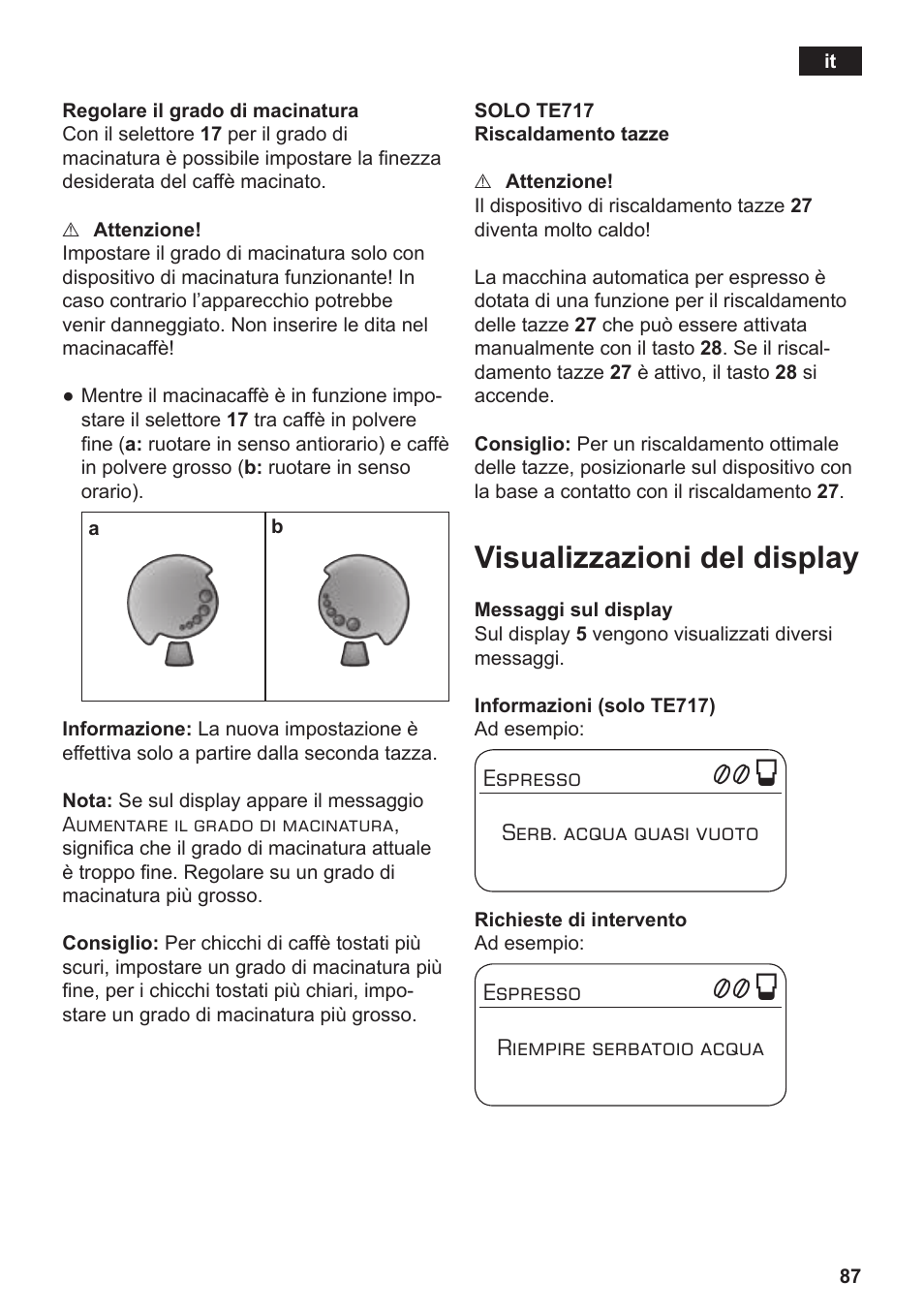 Visualizzazioni del display | Siemens TE712501DE User Manual | Page 91 / 116