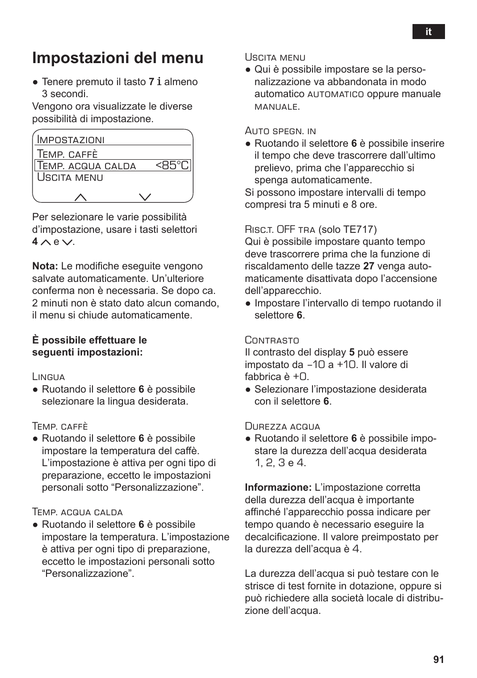 Impostazioni del menu | Siemens TE712501DE User Manual | Page 95 / 116