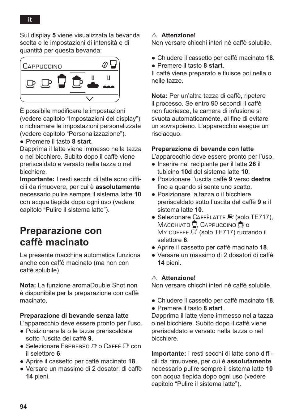 Preparazione con caffè macinato | Siemens TE712501DE User Manual | Page 98 / 116