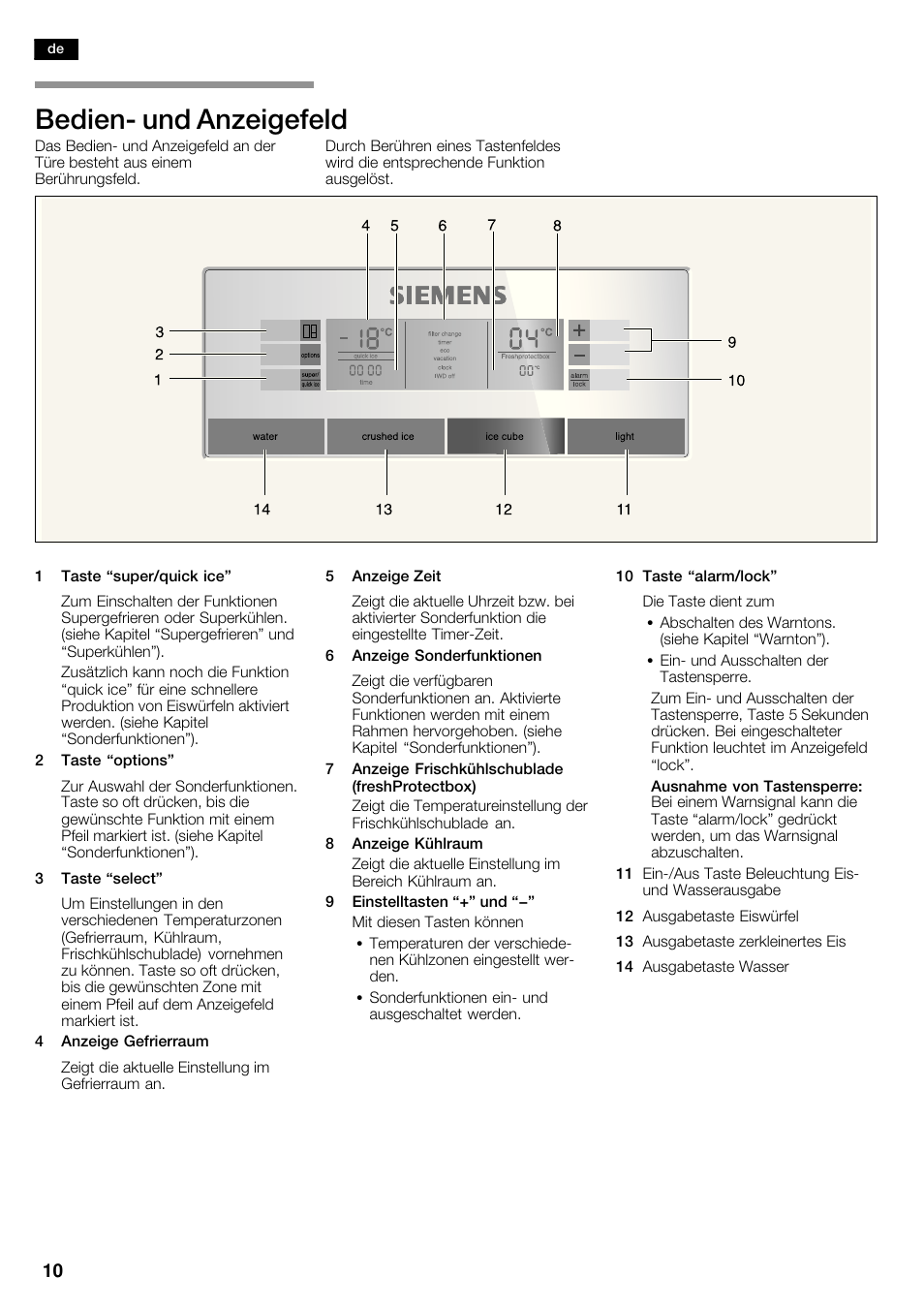 Bedienć und anzeigefeld | Siemens KA63DA71 User Manual | Page 10 / 114