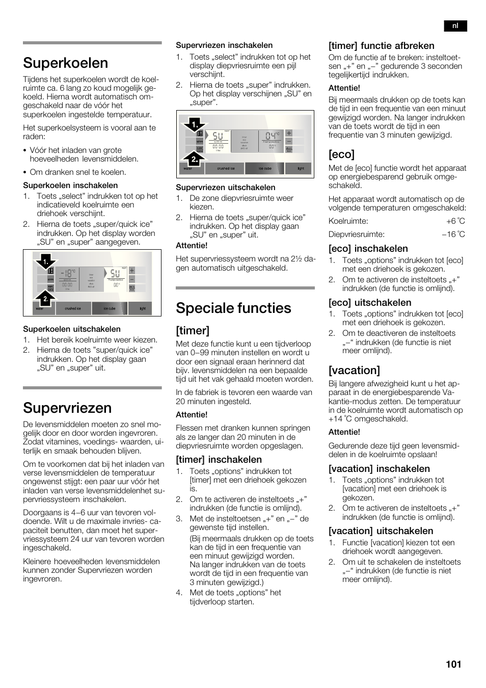 Superkoelen, Supervriezen, Speciale functies | Timer, Vacation | Siemens KA63DA71 User Manual | Page 101 / 114