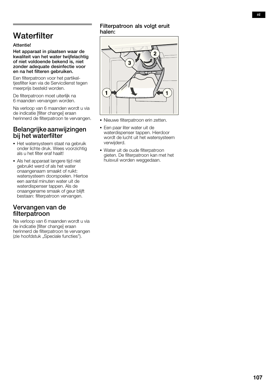 Waterfilter, Belangrijke aanwijzingen bij het waterfilter, Vervangen van de filterpatroon | Siemens KA63DA71 User Manual | Page 107 / 114