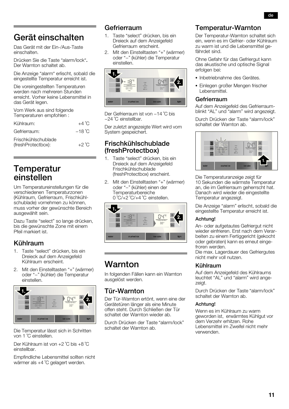 Gerät einschalten, Temperatur einstellen, Warnton | Kühlraum, Gefrierraum, Frischkühlschublade (freshprotectbox), Türćwarnton, Temperaturćwarnton | Siemens KA63DA71 User Manual | Page 11 / 114