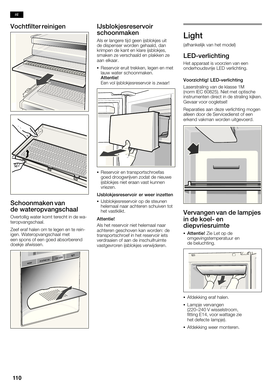 Light, Ijsblokjesreservoir schoonmaken, Ledćverlichting | Siemens KA63DA71 User Manual | Page 110 / 114