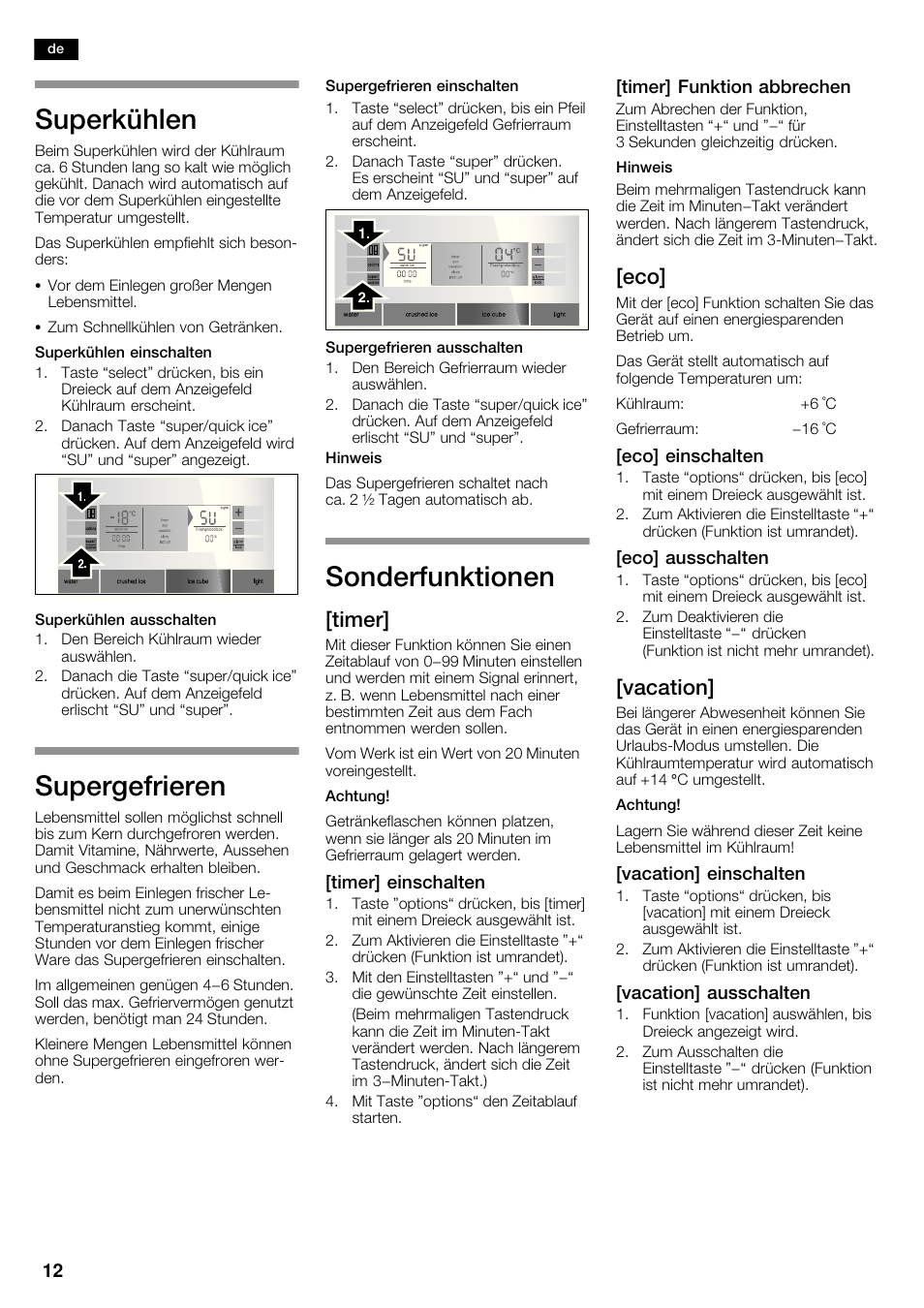 Superkühlen, Supergefrieren, Sonderfunktionen | Timer, Vacation | Siemens KA63DA71 User Manual | Page 12 / 114