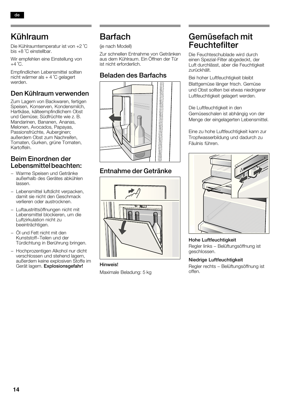 Kühlraum, Barfach, Gemüsefach mit feuchtefilter | Den kühlraum verwenden, Beim einordnen der lebensmittel beachten, Beladen des barfachs entnahme der getränke | Siemens KA63DA71 User Manual | Page 14 / 114