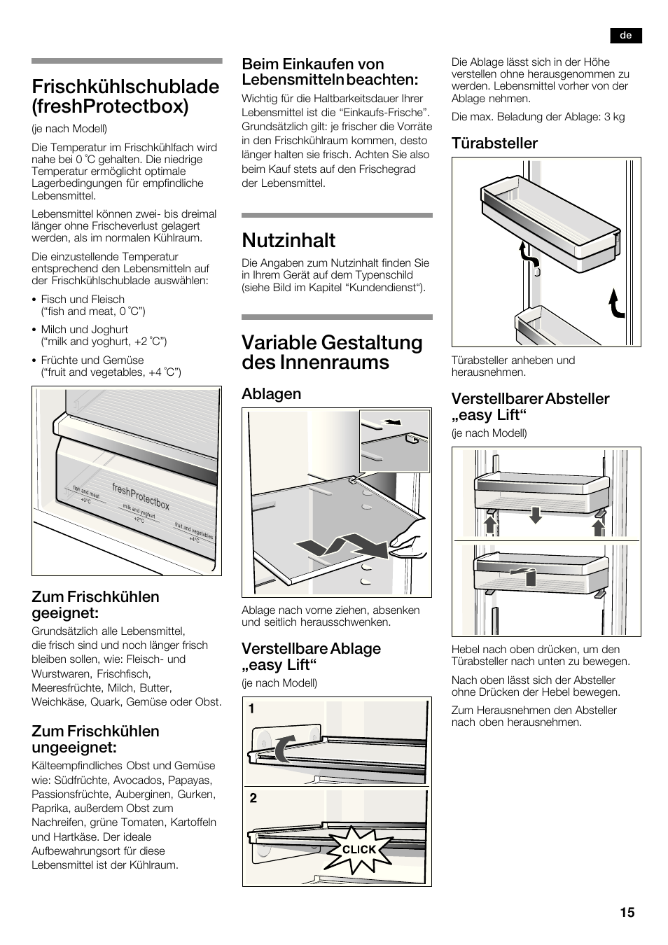 Frischkühlschublade (freshprotectbox), Nutzinhalt, Variable gestaltung des innenraums | Zum frischkühlen geeignet, Zum frischkühlen ungeeignet, Beim einkaufen von lebensmitteln beachten, Ablagen, Verstellbare ablage ęeasy lift, Türabsteller, Verstellbarer absteller ęeasy lift | Siemens KA63DA71 User Manual | Page 15 / 114