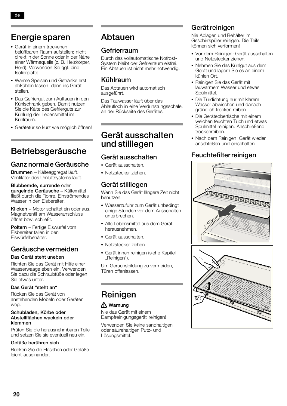 Energie sparen, Betriebsgeräusche, Abtauen | Gerät ausschalten und stilllegen, Reinigen, Ganz normale geräusche, Geräusche vermeiden, Gefrierraum, Kühlraum, Gerät ausschalten | Siemens KA63DA71 User Manual | Page 20 / 114