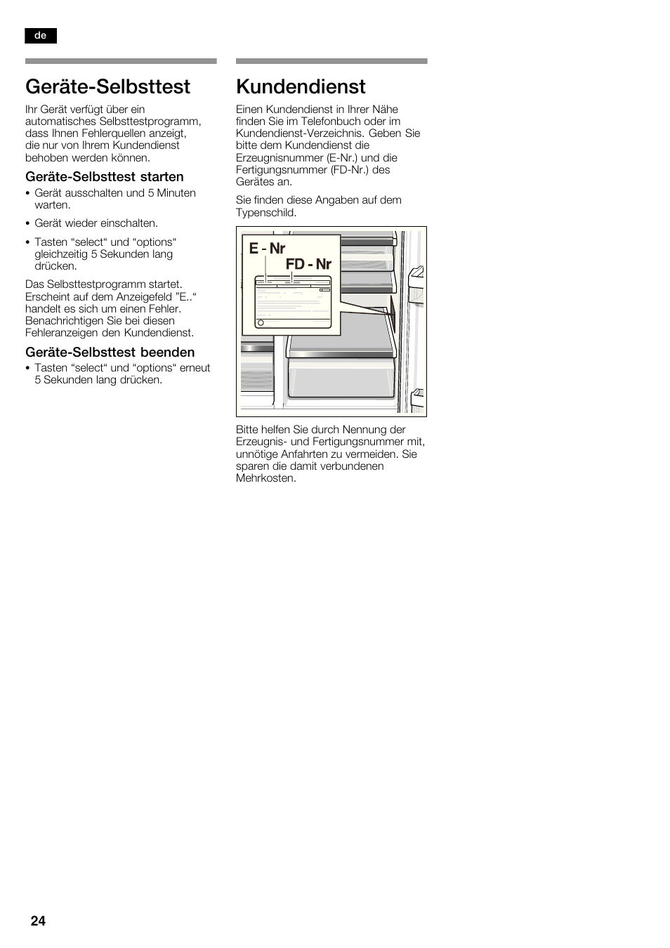 Gerätećselbsttest, Kundendienst | Siemens KA63DA71 User Manual | Page 24 / 114