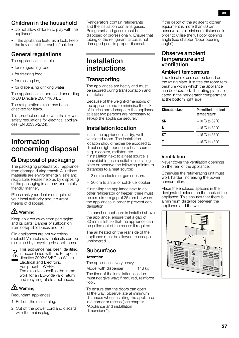 Information concerning disposal, Installation instructions, Children in the household | General regulations, Xdisposal of packaging, Transporting, Installation location, Subsurface, Observe ambient temperature and ventilation | Siemens KA63DA71 User Manual | Page 27 / 114