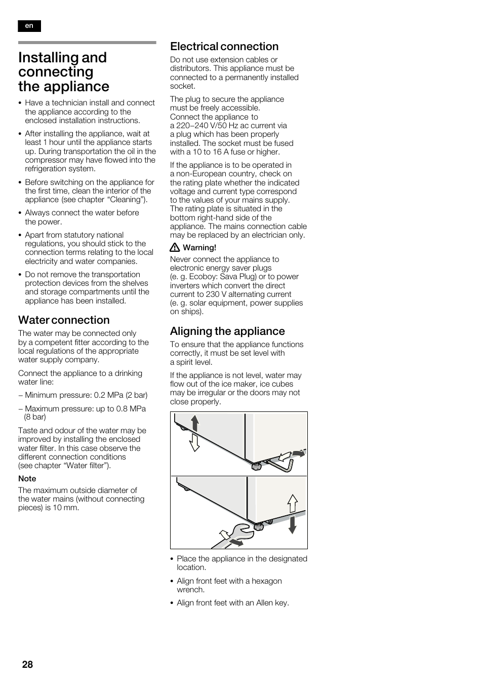 Installing and connecting the appliance, Water connection, Electrical connection | Aligning the appliance | Siemens KA63DA71 User Manual | Page 28 / 114