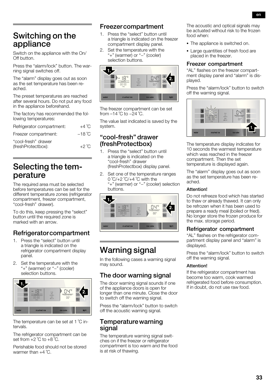 Switching on the appliance, Selecting the temć perature, Warning signal | Refrigerator compartment, Freezer compartment, Coolćfresh" drawer (freshprotectbox), The door warning signal, Temperature warning signal | Siemens KA63DA71 User Manual | Page 33 / 114