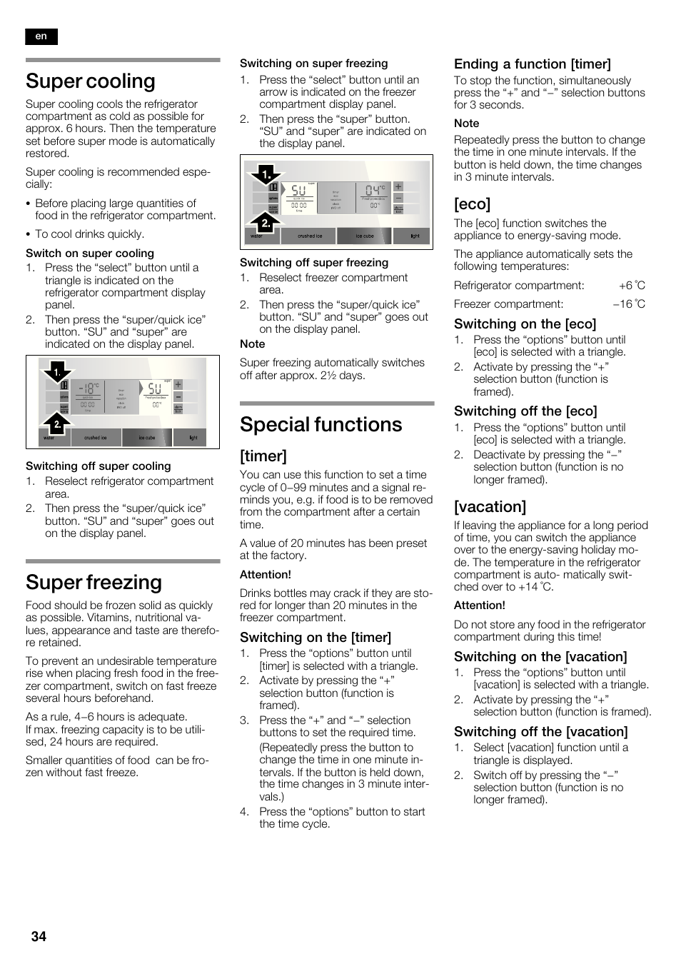 Super cooling, Super freezing, Special functions | Timer, Vacation | Siemens KA63DA71 User Manual | Page 34 / 114