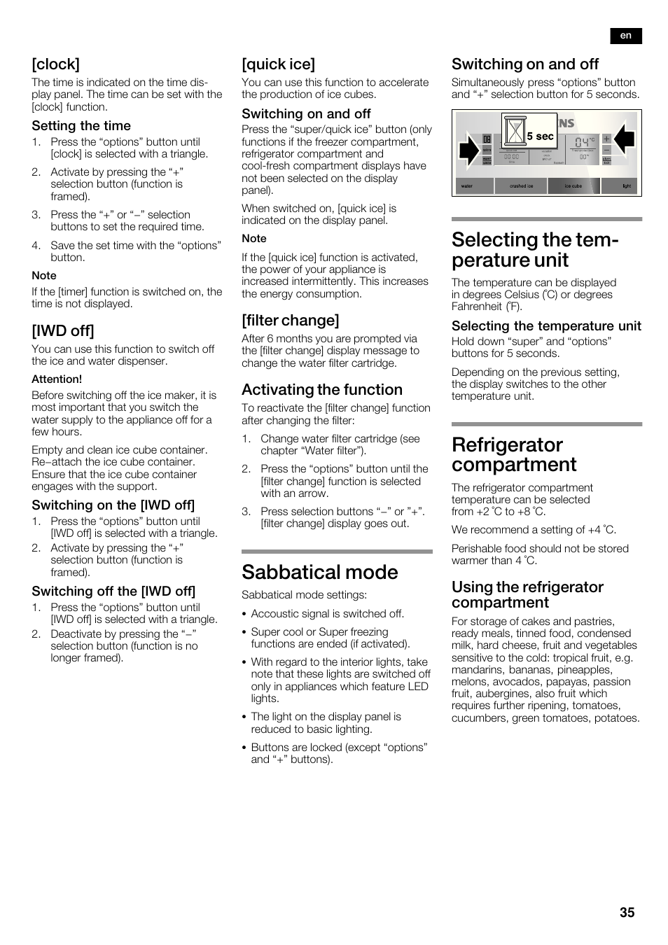 Sabbatical mode, Selecting the temć perature unit, Refrigerator compartment | Clock, Iwd off, Quick ice, Filter change, Activating the function, Switching on and off, Using the refrigerator compartment | Siemens KA63DA71 User Manual | Page 35 / 114