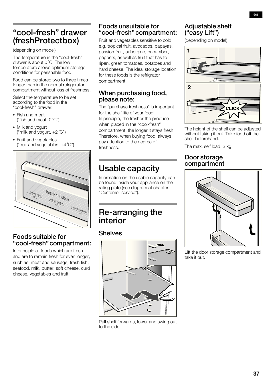 Coolćfresh" drawer (freshprotectbox), Usable capacity, Rećarranging the interior | Siemens KA63DA71 User Manual | Page 37 / 114
