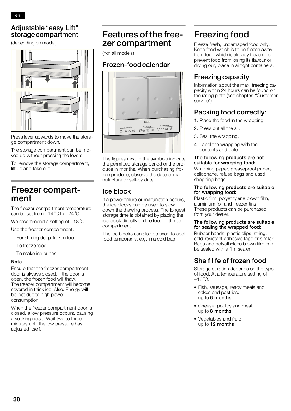 Freezer compartć ment, Features of the freeć zer compartment, Freezing food | Adjustable easy lift" storage compartment, Frozenćfood calendar, Ice block, Freezing capacity, Packing food correctly, Shelf life of frozen food | Siemens KA63DA71 User Manual | Page 38 / 114