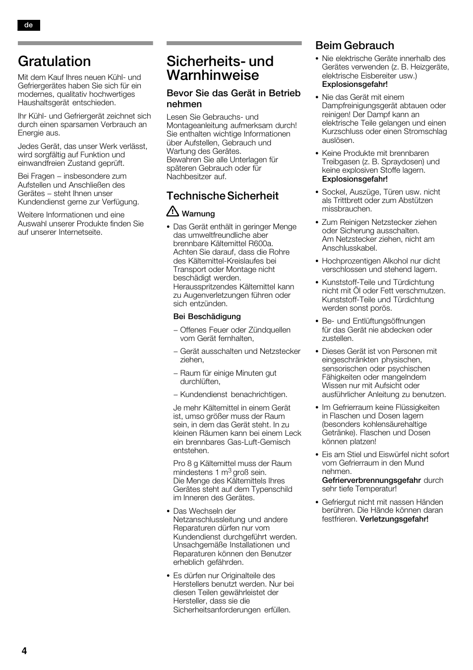 Gratulation, Sicherheitsć und warnhinweise, Technische sicherheit | Beim gebrauch | Siemens KA63DA71 User Manual | Page 4 / 114