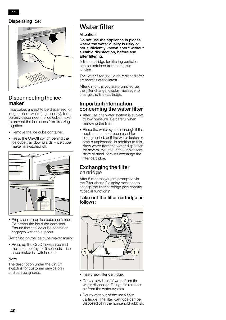 Water filter, Disconnecting the ice maker, Important information concerning the water filter | Exchanging the filter cartridge | Siemens KA63DA71 User Manual | Page 40 / 114