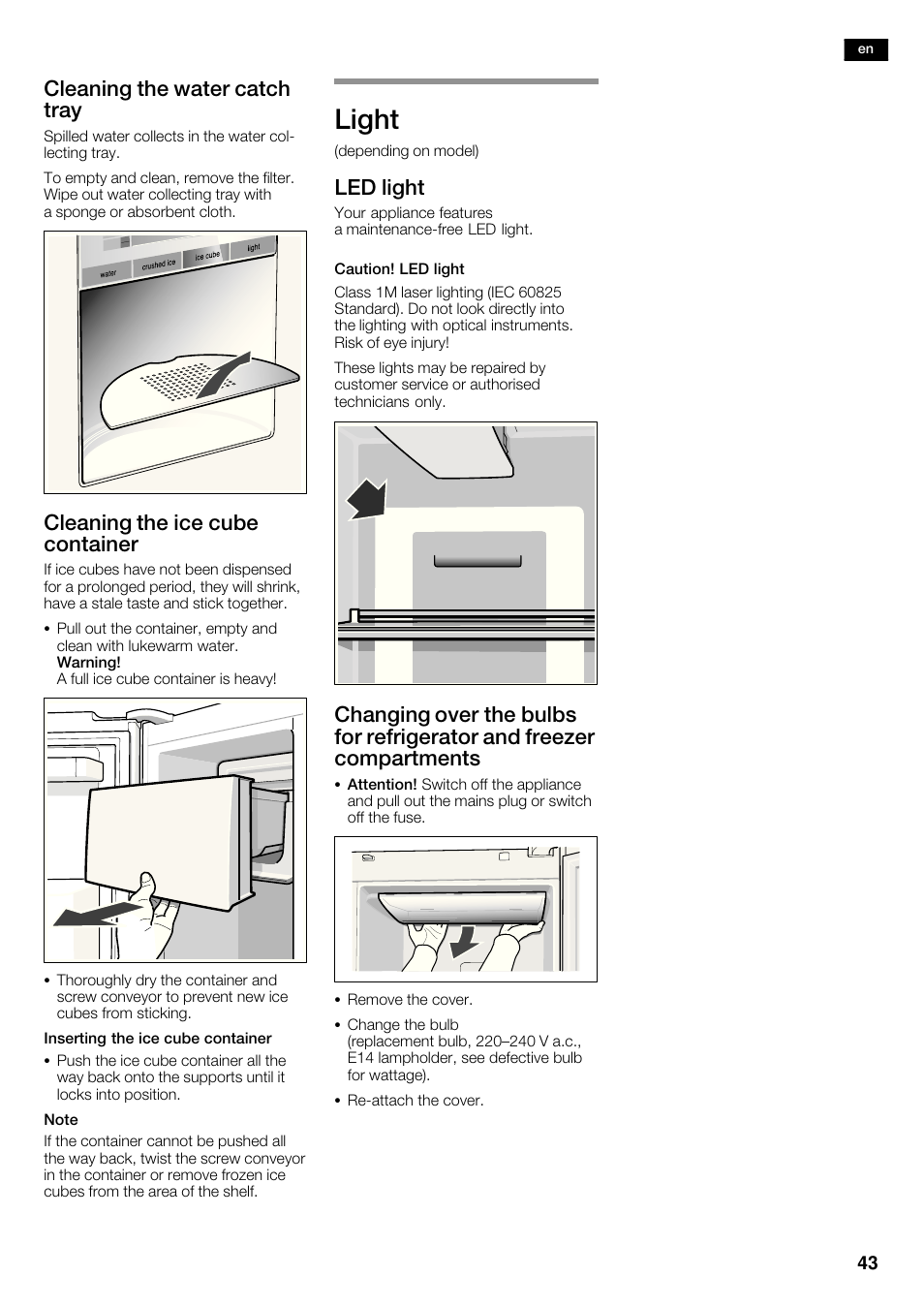 Light, Cleaning the water catch tray, Cleaning the ice cube container | Led light | Siemens KA63DA71 User Manual | Page 43 / 114