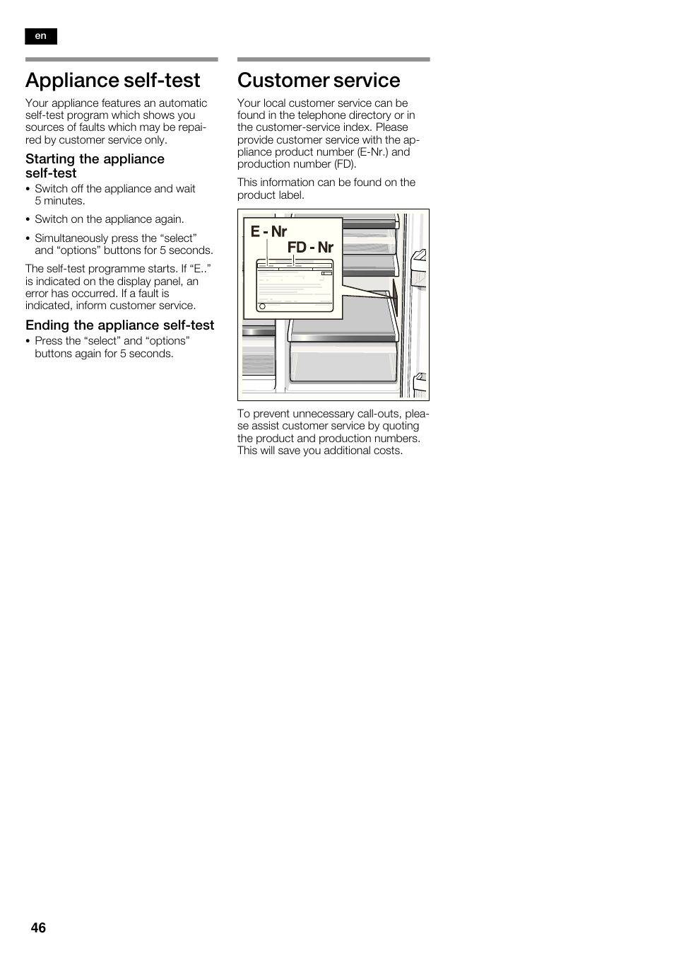 Appliance selfćtest, Customer service | Siemens KA63DA71 User Manual | Page 46 / 114